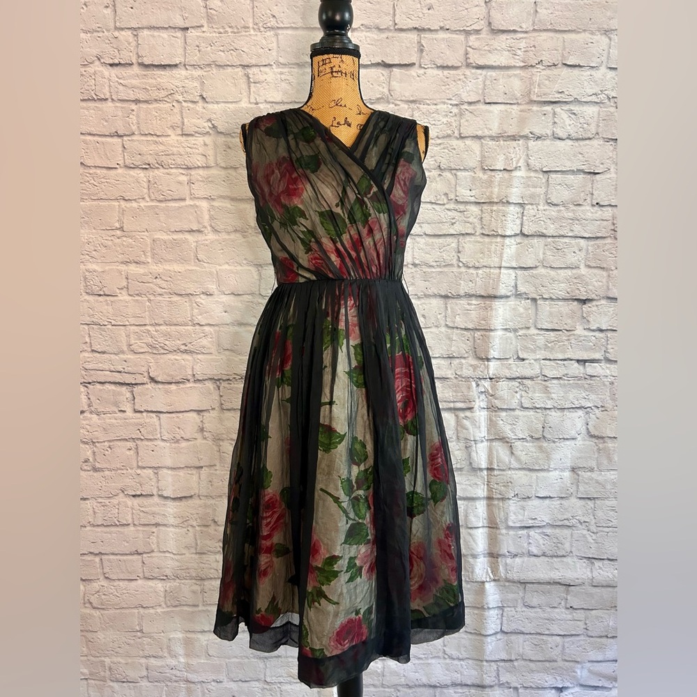 Vintage 50s Dress WOUNDED BIRD Black Pink Floral Midi Evening Formal Party Prom - Picture 4 of 17